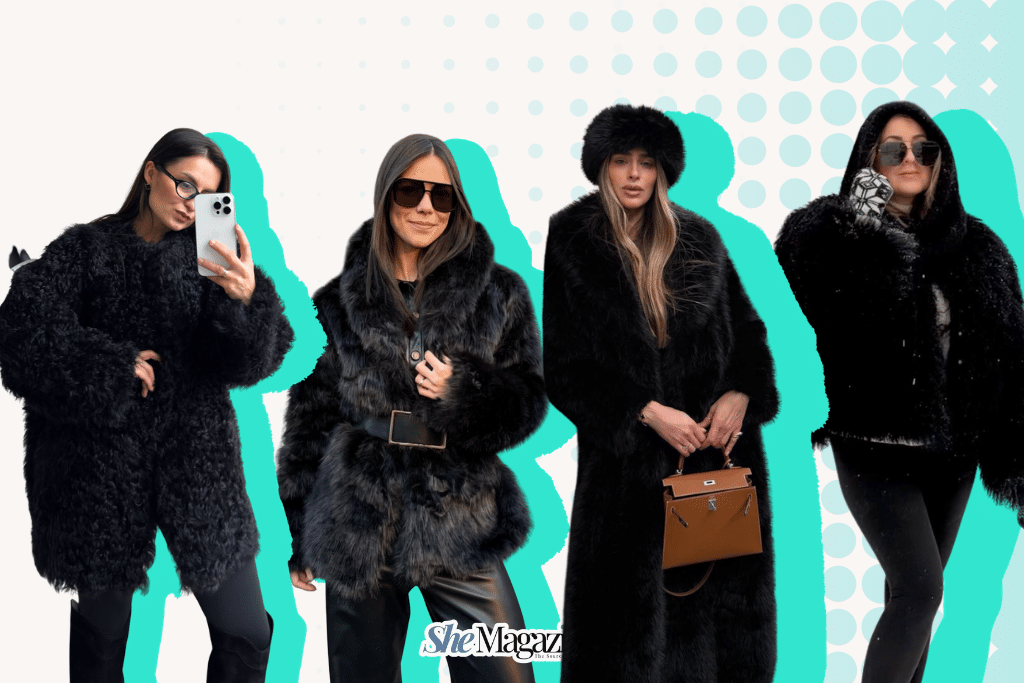 black faux fur coat